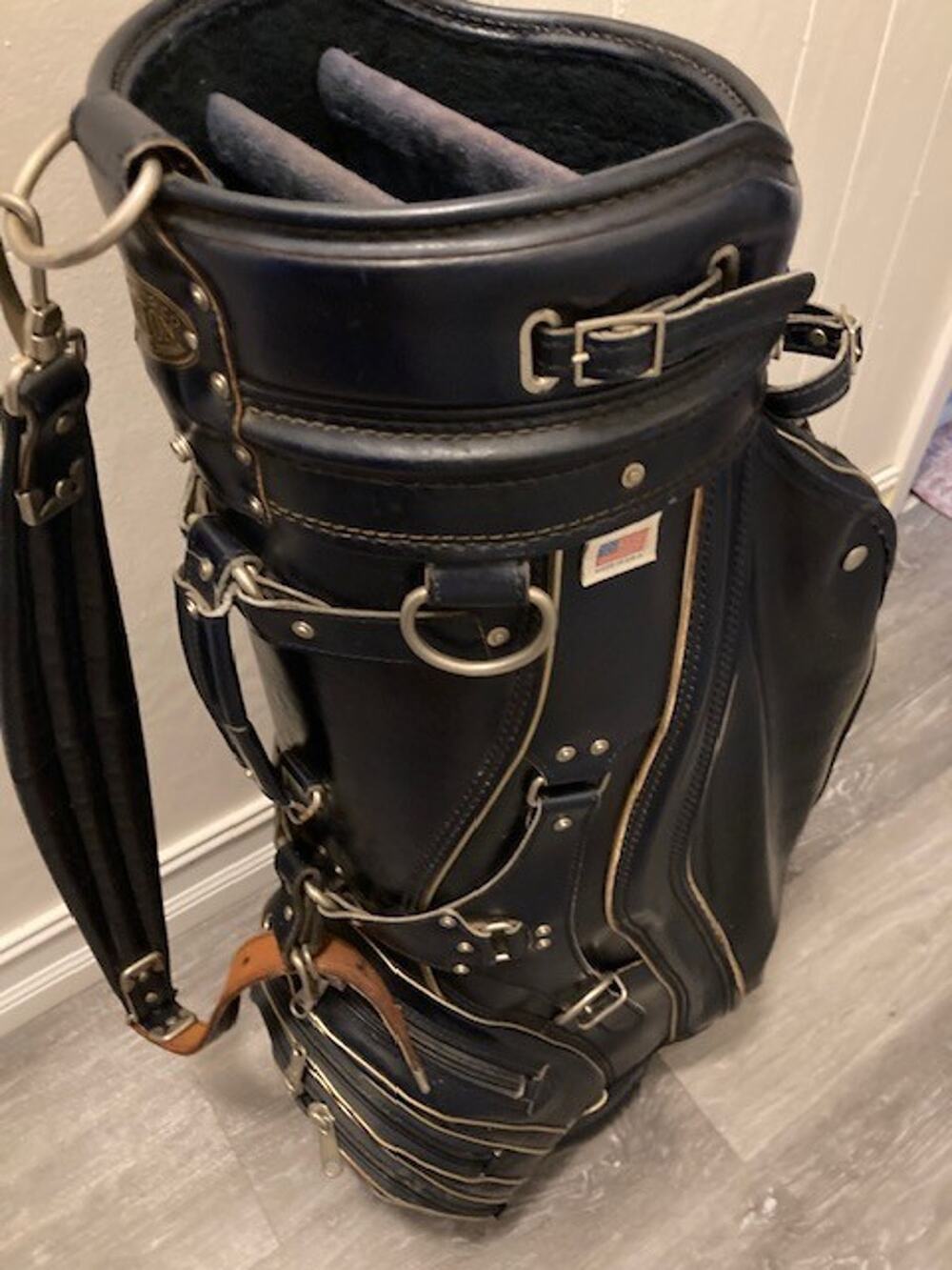 Burton Blue Leather Golf Bag Vintage Full Grain Staff Bag FURIOUS Badge USA Flag